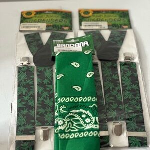 Hippie Costume Marijuana Leaf Suspenders Set and Bandana. Cannabis Costume